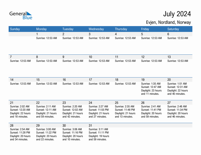 Evjen July 2024 sunrise and sunset calendar in PDF, Excel, and Word