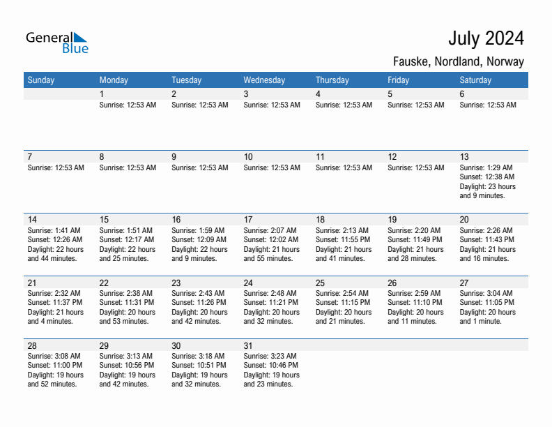 Fauske July 2024 sunrise and sunset calendar in PDF, Excel, and Word