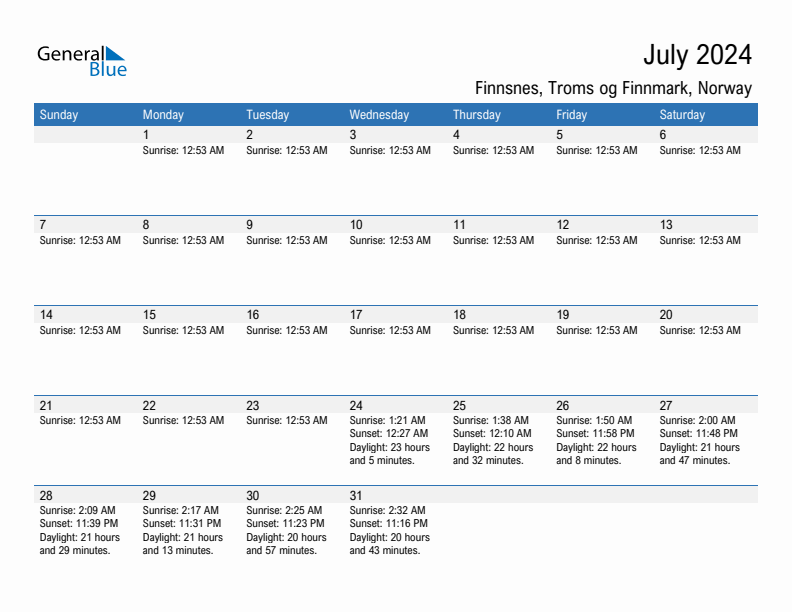 Finnsnes July 2024 sunrise and sunset calendar in PDF, Excel, and Word