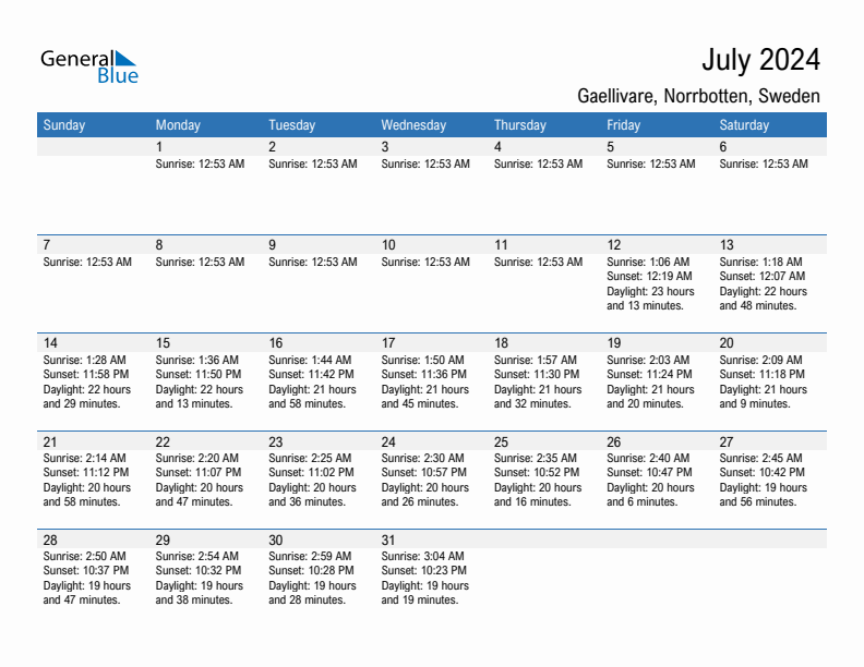 Gaellivare July 2024 sunrise and sunset calendar in PDF, Excel, and Word