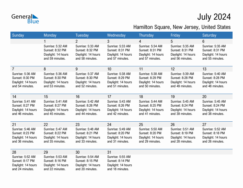 Hamilton Square July 2024 sunrise and sunset calendar in PDF, Excel, and Word