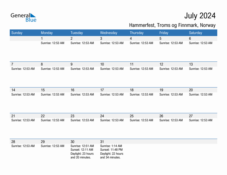 Hammerfest July 2024 sunrise and sunset calendar in PDF, Excel, and Word