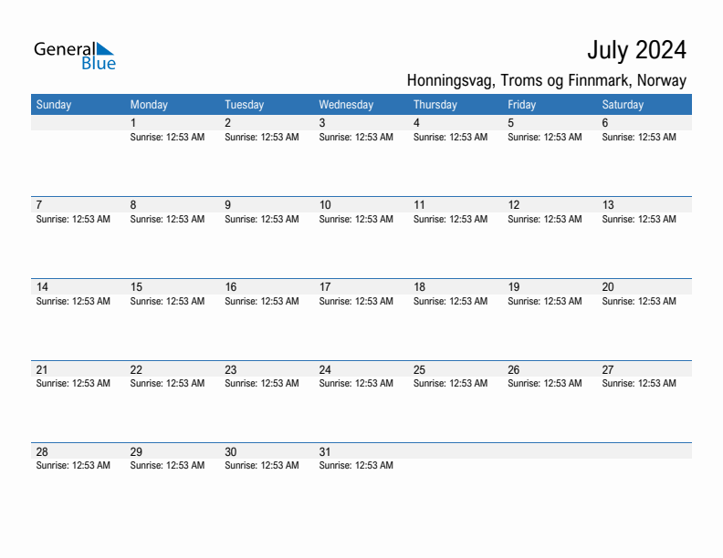 Honningsvag July 2024 sunrise and sunset calendar in PDF, Excel, and Word