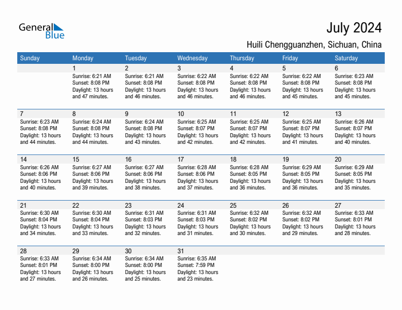 Huili Chengguanzhen July 2024 sunrise and sunset calendar in PDF, Excel, and Word