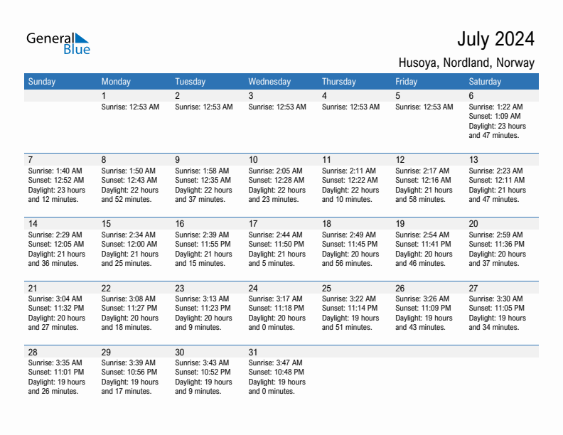 Husoya July 2024 sunrise and sunset calendar in PDF, Excel, and Word