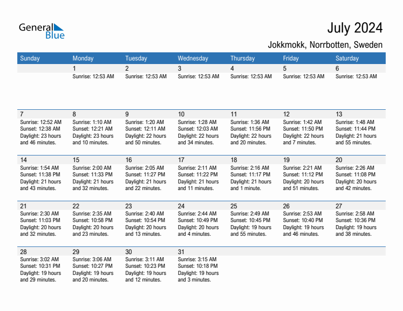 Jokkmokk July 2024 sunrise and sunset calendar in PDF, Excel, and Word