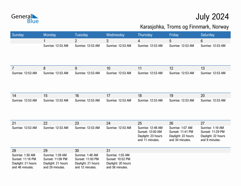 Karasjohka July 2024 sunrise and sunset calendar in PDF, Excel, and Word