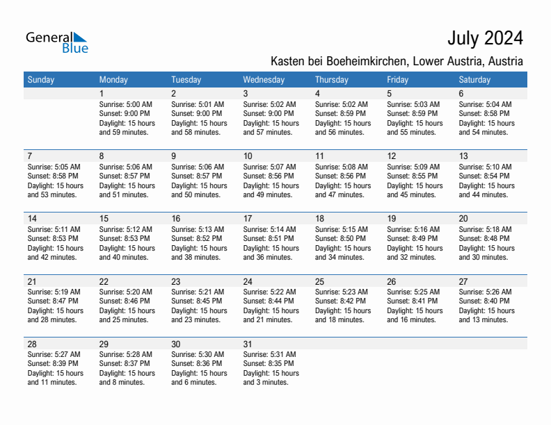 Kasten bei Boeheimkirchen July 2024 sunrise and sunset calendar in PDF, Excel, and Word