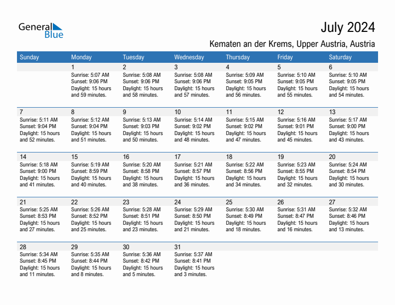 Kematen an der Krems July 2024 sunrise and sunset calendar in PDF, Excel, and Word