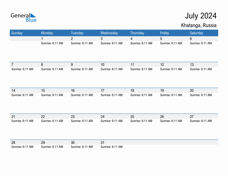 Khatanga July 2024 sunrise and sunset calendar in PDF, Excel, and Word