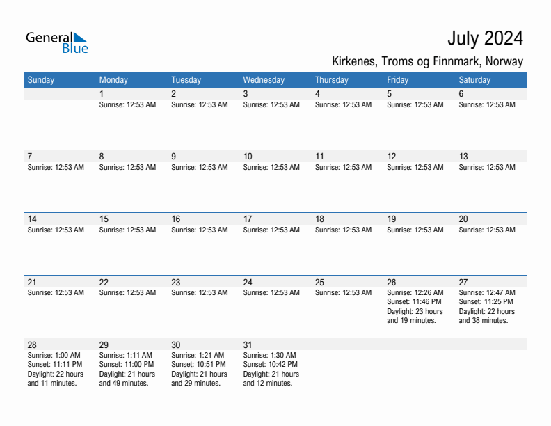 Kirkenes July 2024 sunrise and sunset calendar in PDF, Excel, and Word