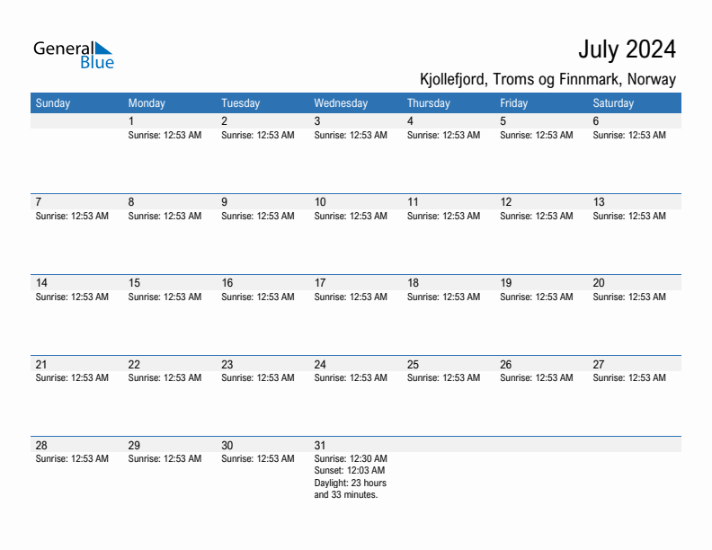 Kjollefjord July 2024 sunrise and sunset calendar in PDF, Excel, and Word