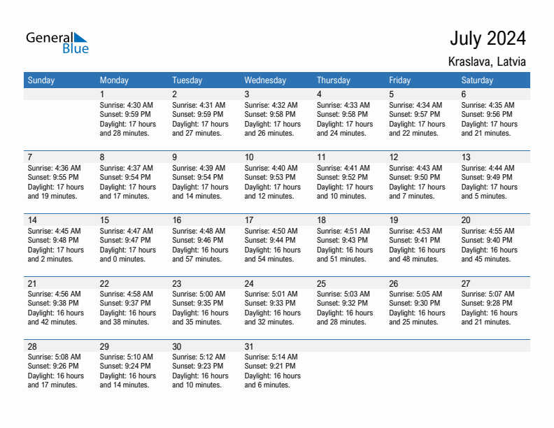 Kraslava July 2024 sunrise and sunset calendar in PDF, Excel, and Word