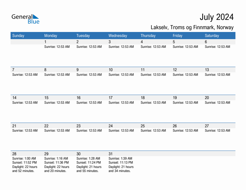 Lakselv July 2024 sunrise and sunset calendar in PDF, Excel, and Word