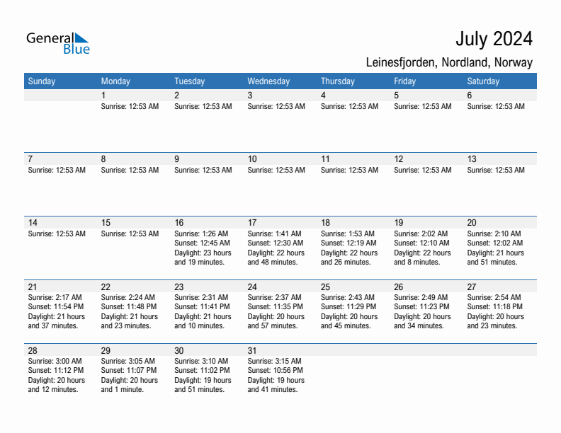 Leinesfjorden July 2024 sunrise and sunset calendar in PDF, Excel, and Word