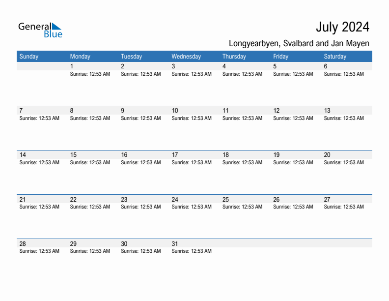 Longyearbyen July 2024 sunrise and sunset calendar in PDF, Excel, and Word