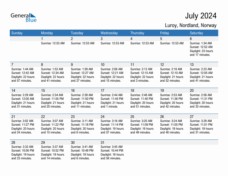 Luroy July 2024 sunrise and sunset calendar in PDF, Excel, and Word