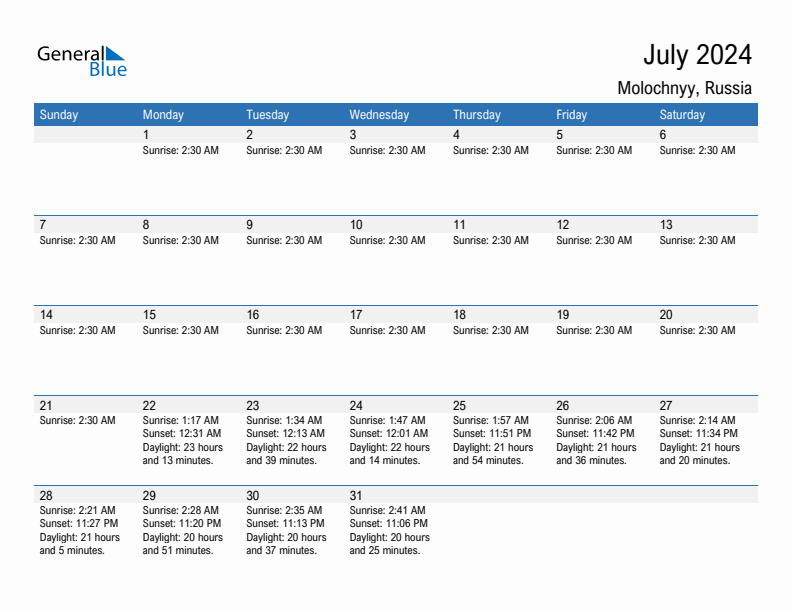 Molochnyy July 2024 sunrise and sunset calendar in PDF, Excel, and Word