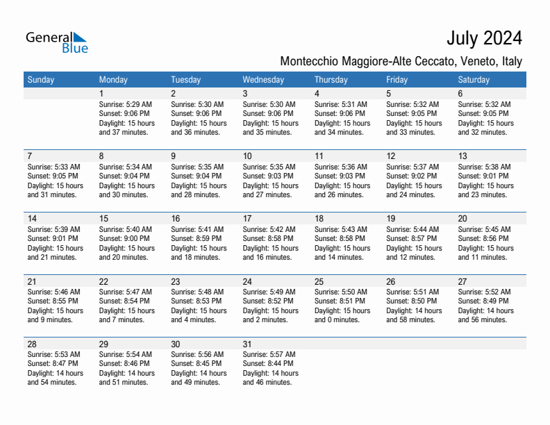 Montecchio Maggiore-Alte Ceccato July 2024 sunrise and sunset calendar in PDF, Excel, and Word