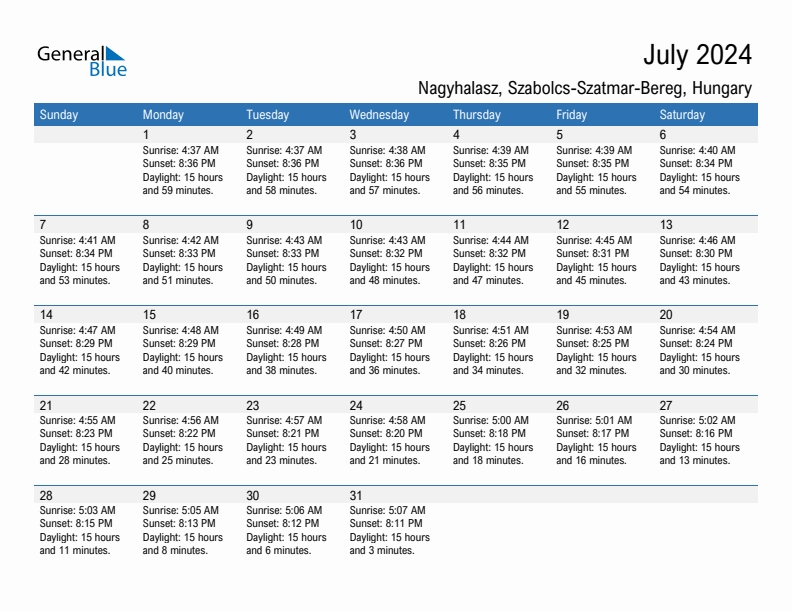 Nagyhalasz July 2024 sunrise and sunset calendar in PDF, Excel, and Word