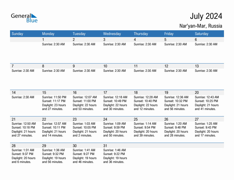 Nar'yan-Mar July 2024 sunrise and sunset calendar in PDF, Excel, and Word