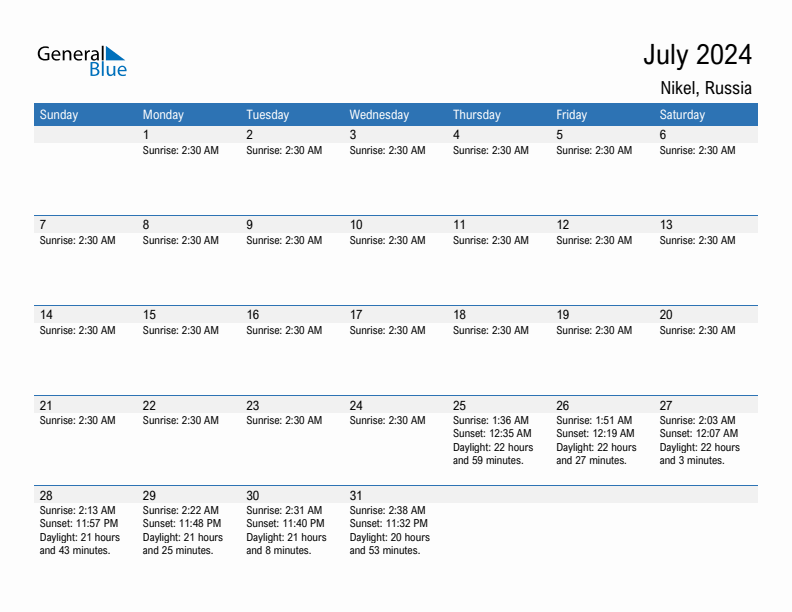 Nikel July 2024 sunrise and sunset calendar in PDF, Excel, and Word