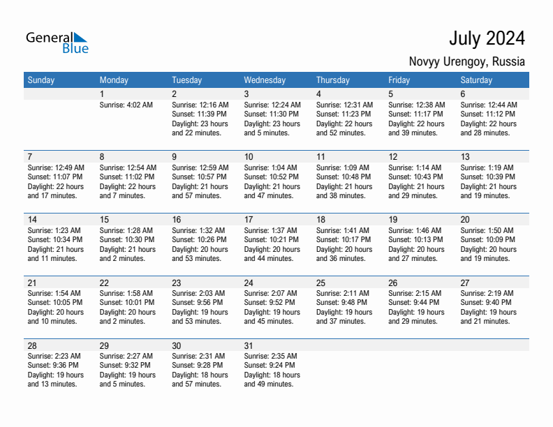 Novyy Urengoy July 2024 sunrise and sunset calendar in PDF, Excel, and Word