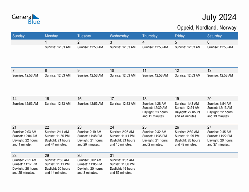 Oppeid July 2024 sunrise and sunset calendar in PDF, Excel, and Word