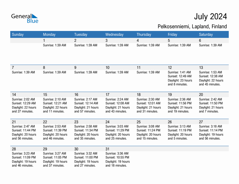 Pelkosenniemi July 2024 sunrise and sunset calendar in PDF, Excel, and Word