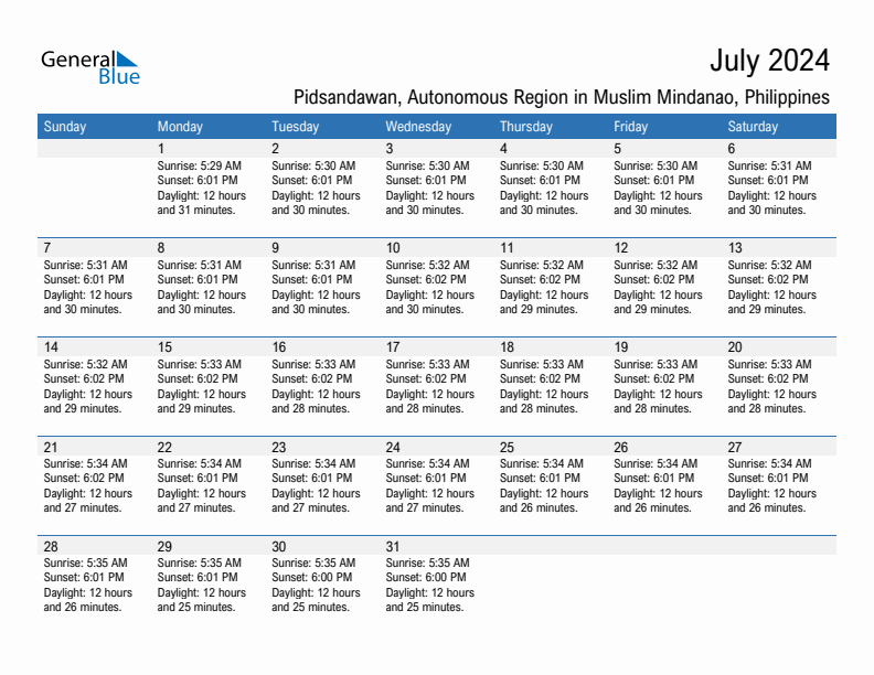 Pidsandawan July 2024 sunrise and sunset calendar in PDF, Excel, and Word