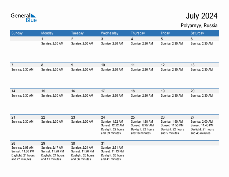 Polyarnyy July 2024 sunrise and sunset calendar in PDF, Excel, and Word