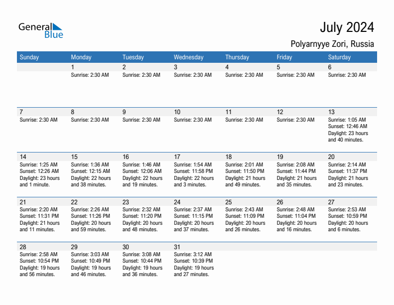 Polyarnyye Zori July 2024 sunrise and sunset calendar in PDF, Excel, and Word