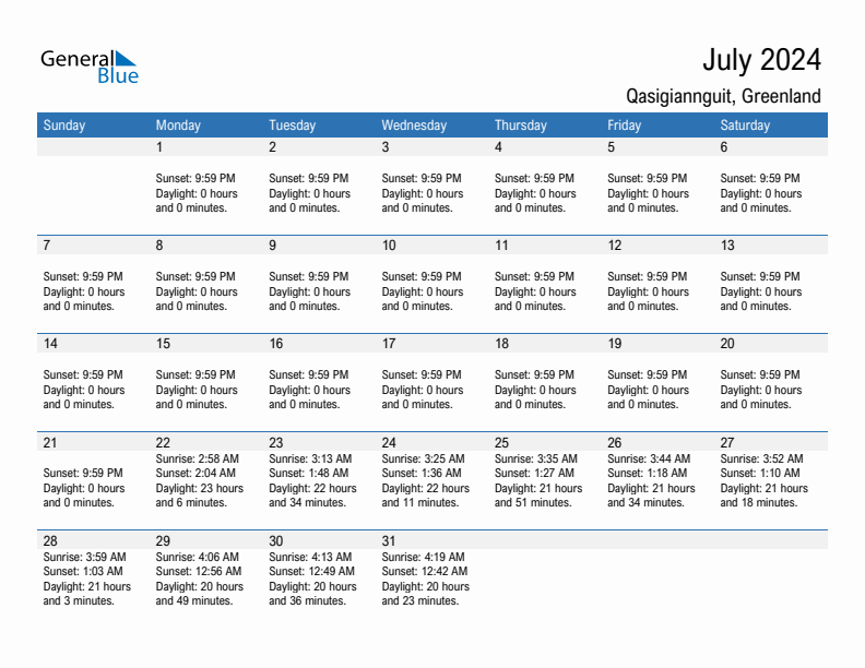 Qasigiannguit July 2024 sunrise and sunset calendar in PDF, Excel, and Word