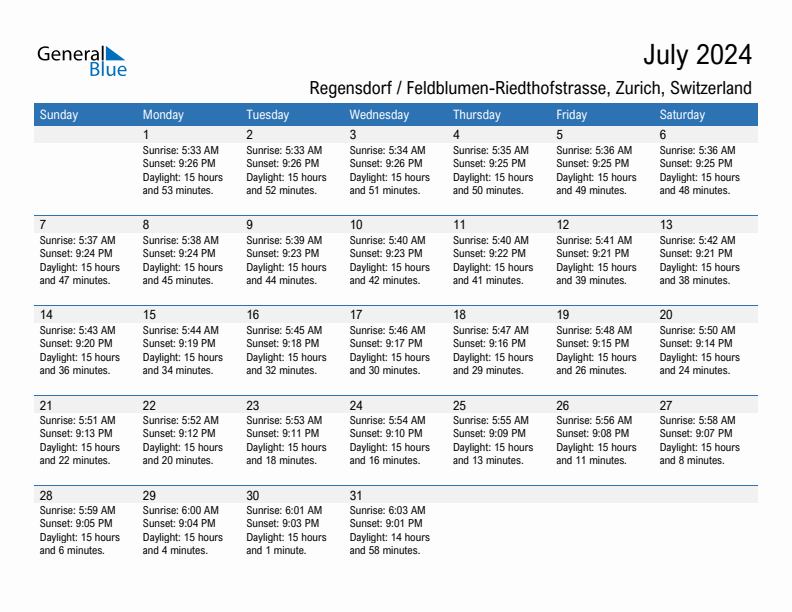 Regensdorf / Feldblumen-Riedthofstrasse July 2024 sunrise and sunset calendar in PDF, Excel, and Word