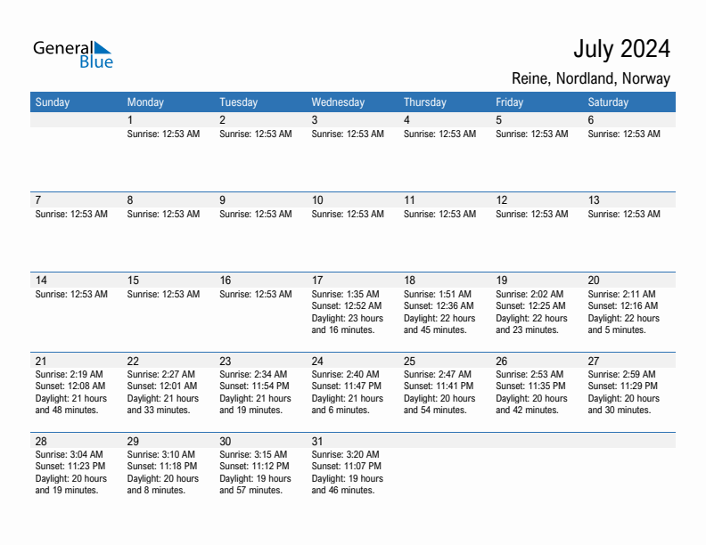 Reine July 2024 sunrise and sunset calendar in PDF, Excel, and Word