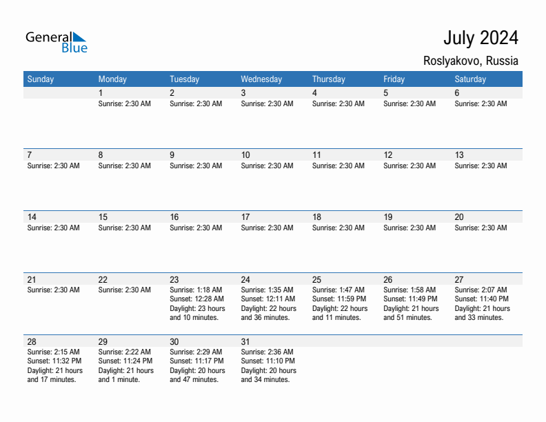 Roslyakovo July 2024 sunrise and sunset calendar in PDF, Excel, and Word