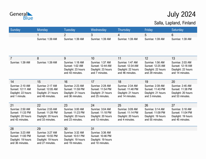 Salla July 2024 sunrise and sunset calendar in PDF, Excel, and Word