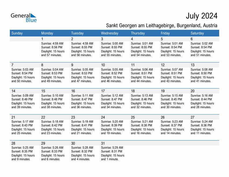 Sankt Georgen am Leithagebirge July 2024 sunrise and sunset calendar in PDF, Excel, and Word