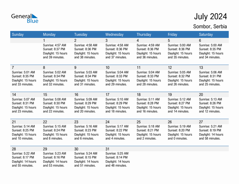 Sombor July 2024 sunrise and sunset calendar in PDF, Excel, and Word