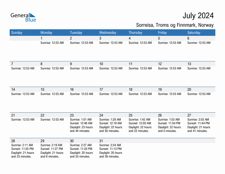 Sorreisa July 2024 sunrise and sunset calendar in PDF, Excel, and Word