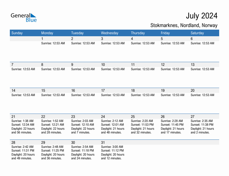 Stokmarknes July 2024 sunrise and sunset calendar in PDF, Excel, and Word