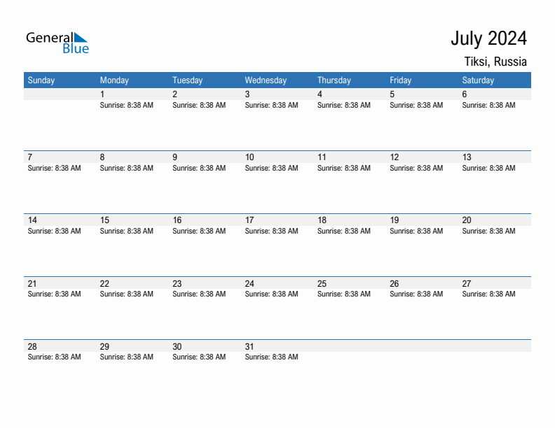 Tiksi July 2024 sunrise and sunset calendar in PDF, Excel, and Word