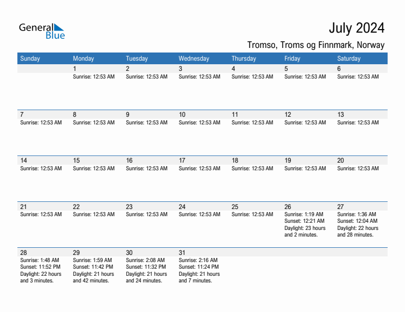 Tromso July 2024 sunrise and sunset calendar in PDF, Excel, and Word