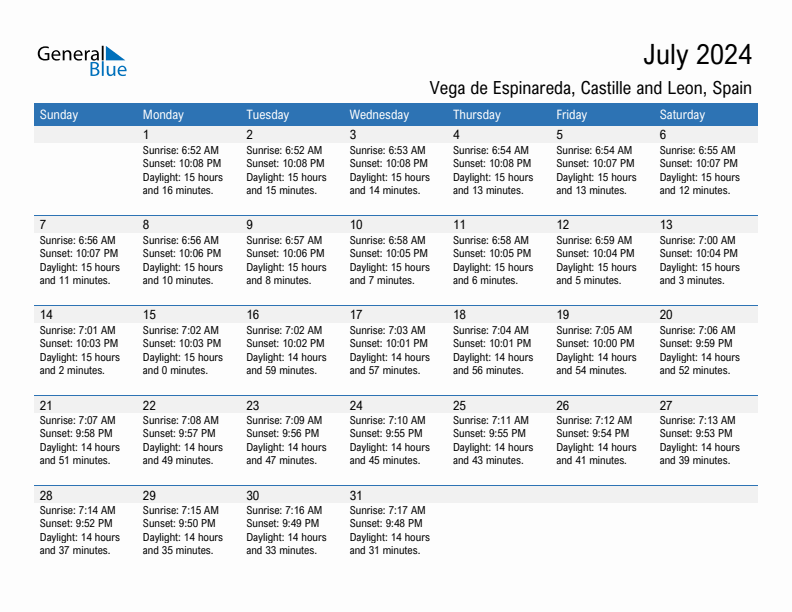 Vega de Espinareda July 2024 sunrise and sunset calendar in PDF, Excel, and Word