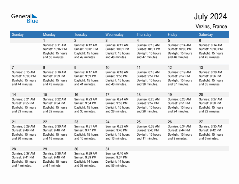 Vezins July 2024 sunrise and sunset calendar in PDF, Excel, and Word