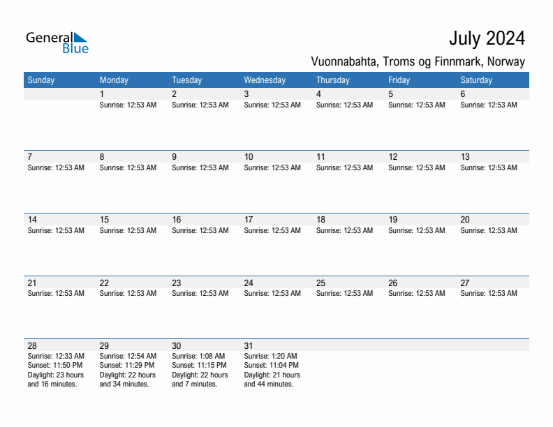 Vuonnabahta July 2024 sunrise and sunset calendar in PDF, Excel, and Word