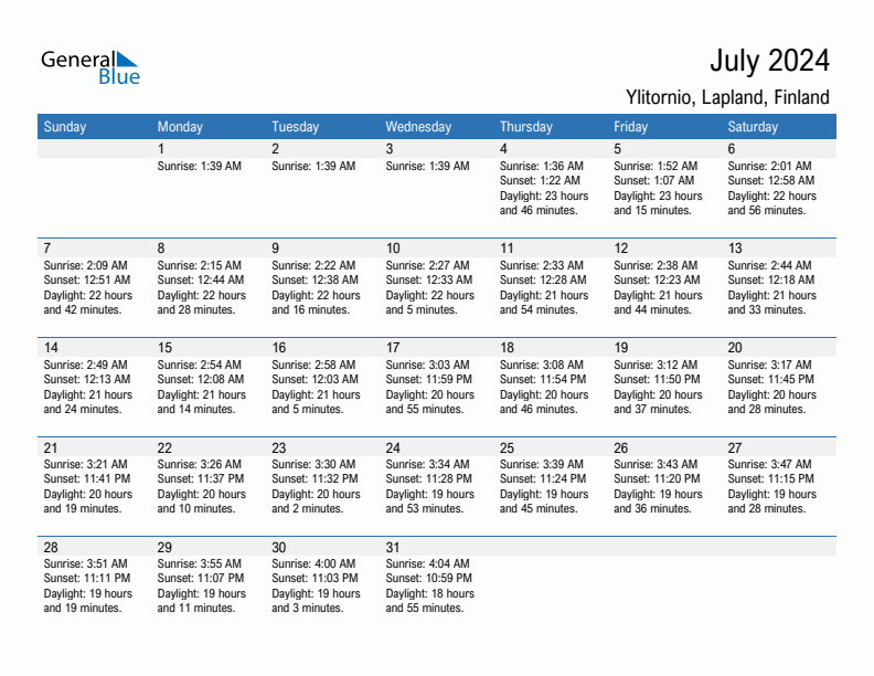 Ylitornio July 2024 sunrise and sunset calendar in PDF, Excel, and Word