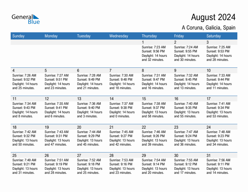 A Coruna August 2024 sunrise and sunset calendar in PDF, Excel, and Word