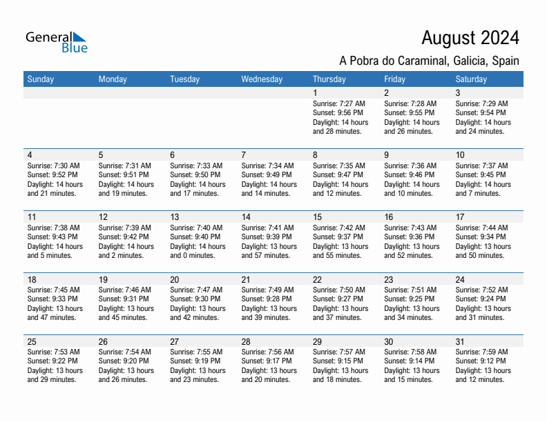 A Pobra do Caraminal August 2024 sunrise and sunset calendar in PDF, Excel, and Word