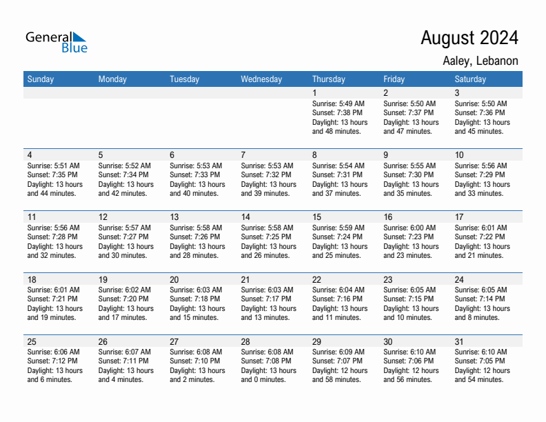 Aaley August 2024 sunrise and sunset calendar in PDF, Excel, and Word